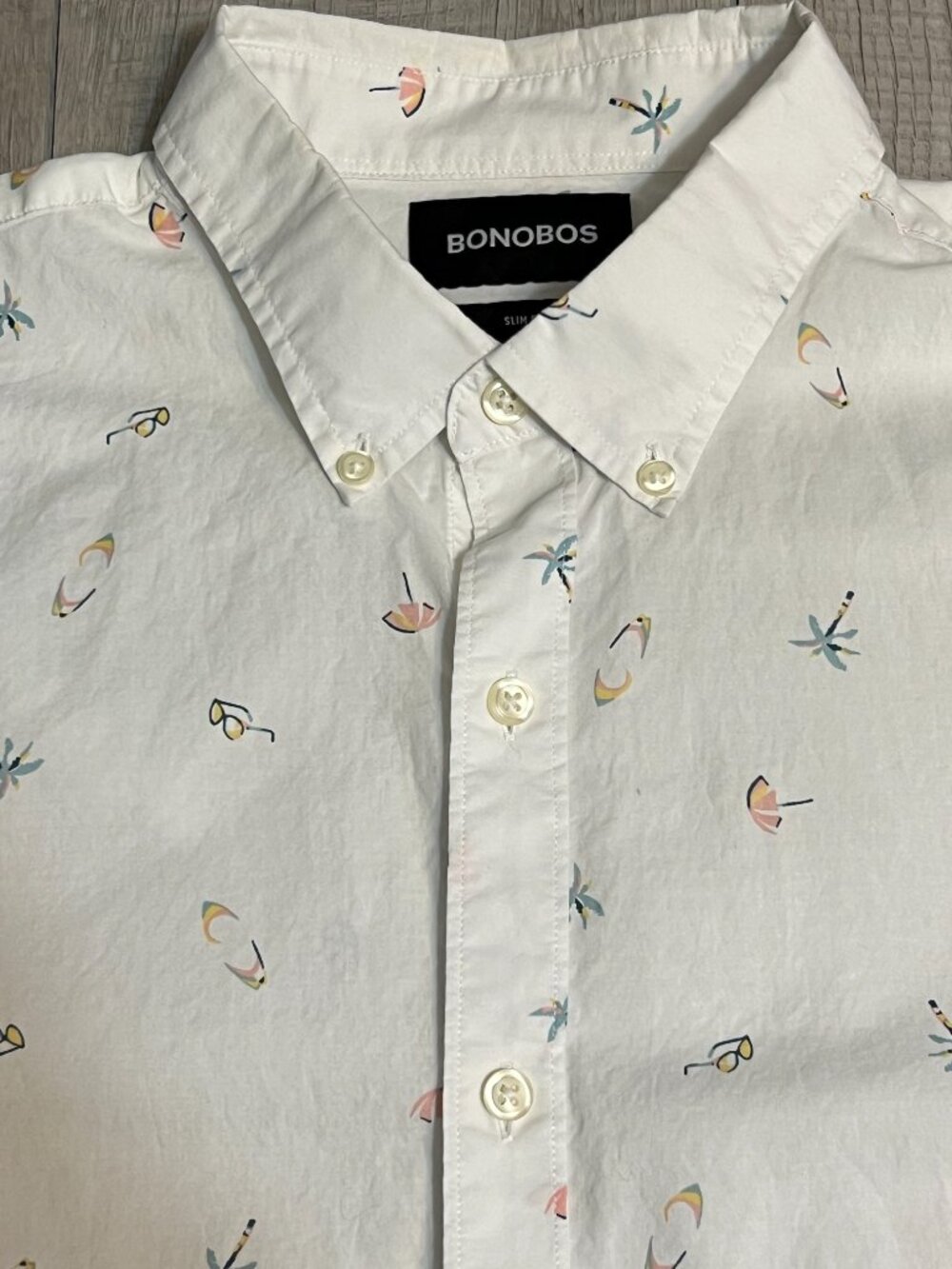 Bonobos Slim Fit Shirt Mens L White Palm Tree Beach Print Coastal Resort Preppy